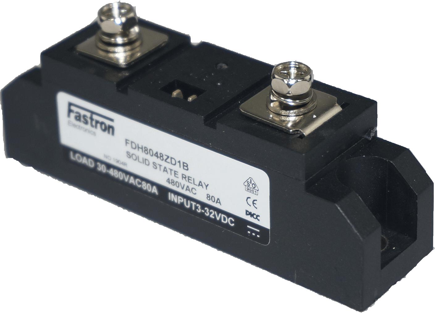 Fastron Electronics SSR AC Load FDH8048ZD1B, Solid State Relay, 480VAC, 80 Amp, 3-32VDC Control, Zero Crossing, Panel Mount Power Module Style for 80mm rails FE-FDH8048ZD1B Fastron Electronics SSR AC Load FDH8048ZD1B, Solid State Relay, 480VAC, 80 Amp, 3-32VDC Control, Zero Crossing, Panel Mount Power Module Style for 80mm rails FE-FDH8048ZD1B